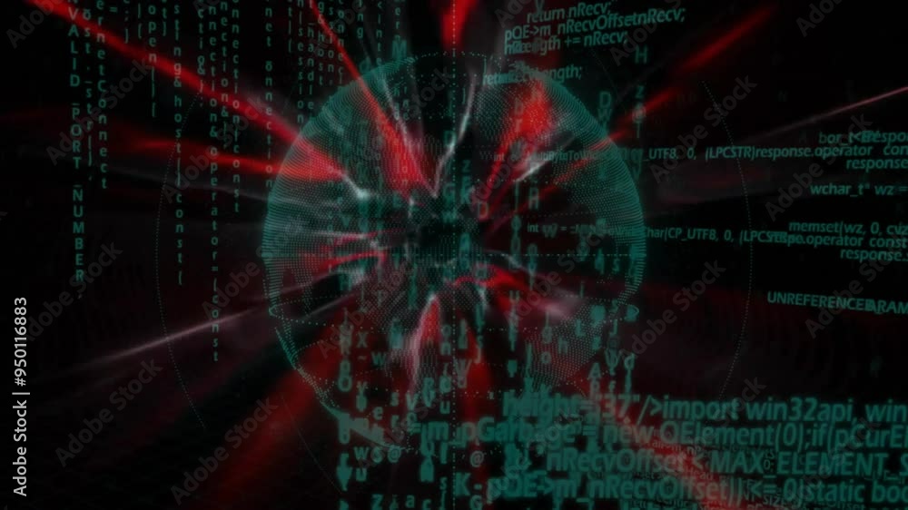Binary code and data processing animation over red and black digital sphere Binary code and data processing animation over red and black digital sphere