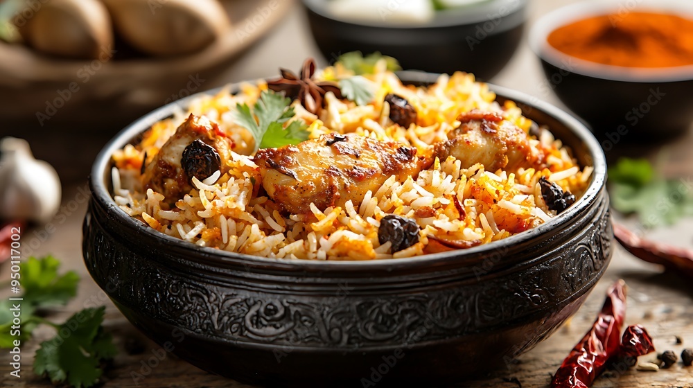 Delicious chicken biryani served in an ornate bowl, an inviting display of vibrant flavors. Delicious chicken biryani served in an ornate bowl, an inviting display of vibrant flavors.
