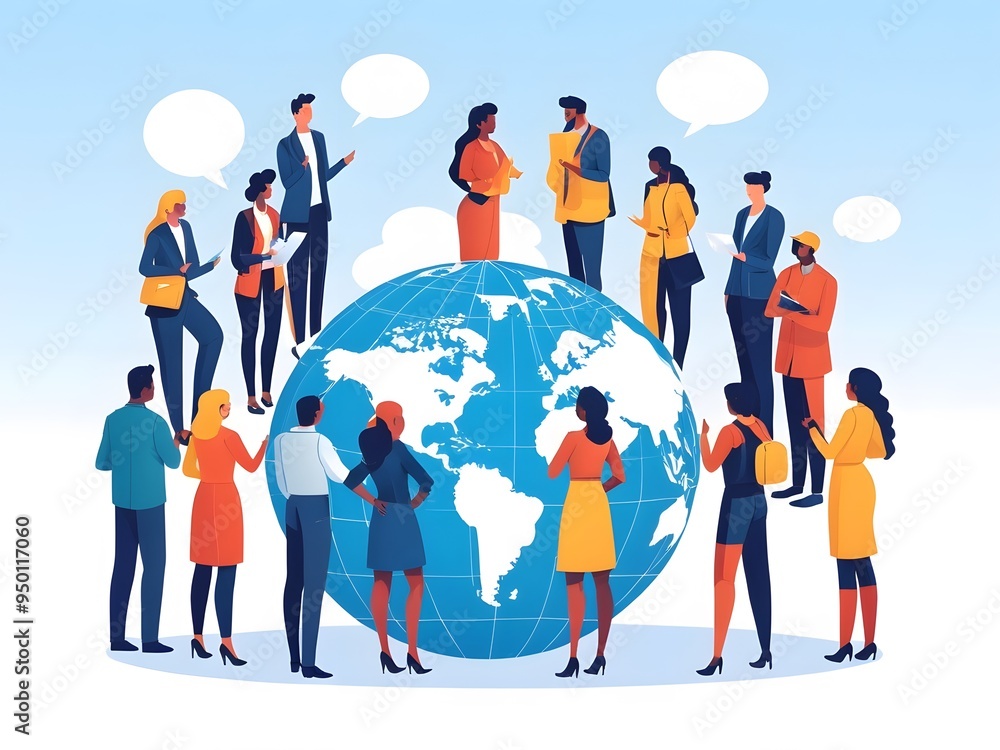 A group of people standing around a globe A group of people standing around a globe