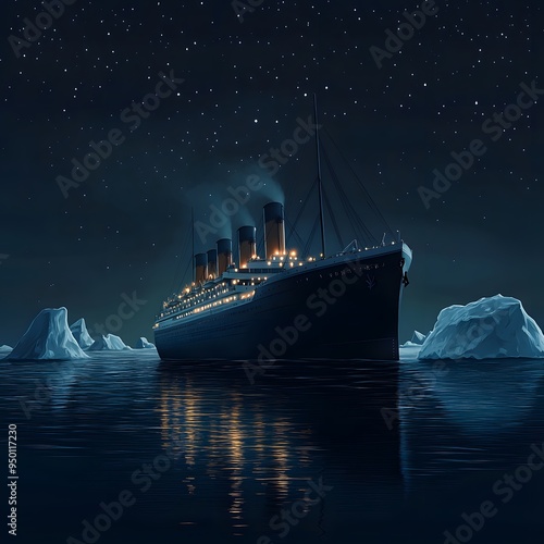 A large ocean liner sails through a dark night with icebergs in the distance.