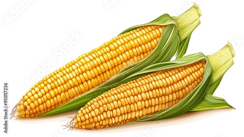 Fresh yellow corn, its husks draped elegantly, isolated on a white canvas.