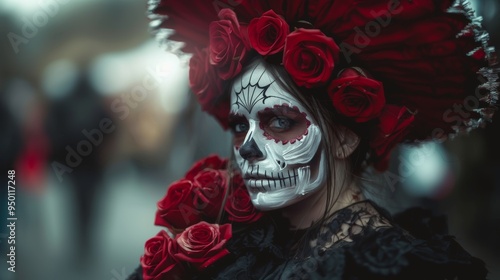 A woman dressed in vibrant attire displays intricate face paint and a crown of roses during festivities