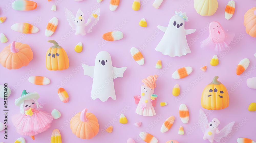 Cute pastel trick-or-treaters in ghost and fairy costumes, surrounded by candy corn on a light pastel lavender background. Cute pastel trick-or-treaters in ghost and fairy costumes, surrounded by candy corn on a light pastel lavender background.
