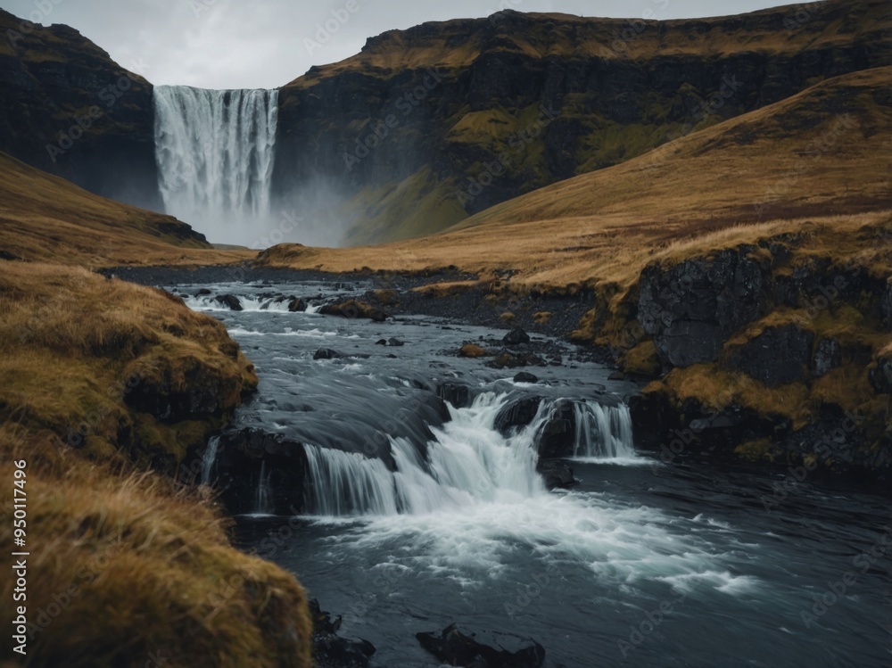 Fototapeta premium Dramatic Icelandic landscape with a remote waterfall.