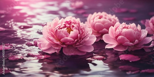 Fototapeta Naklejka Na Ścianę i Meble -  pink peonies in a purple rippled water with sun glares flat lay.