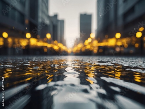 Abstract cityscape with yellow accents and reflective water. photo