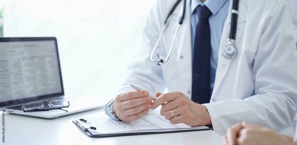 Doctor and a patient. The physician, wearing a white medical coat over a blue shirt and tie, gesturing with his hands during a consultation in the clinic. Medicine concept Doctor and a patient. The physician, wearing a white medical coat over a blue shirt and tie, gesturing with his hands during a consultation in the clinic. Medicine concept