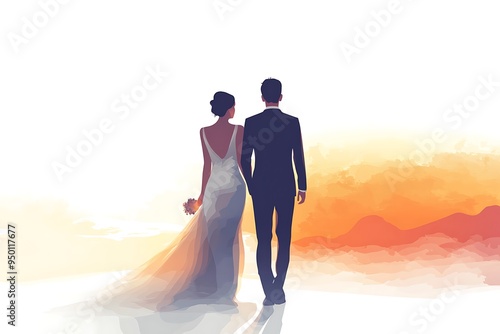 Serene Sunrise Wedding - Minimalist Illustration of Back View Couple in Wedding Attire on White Background