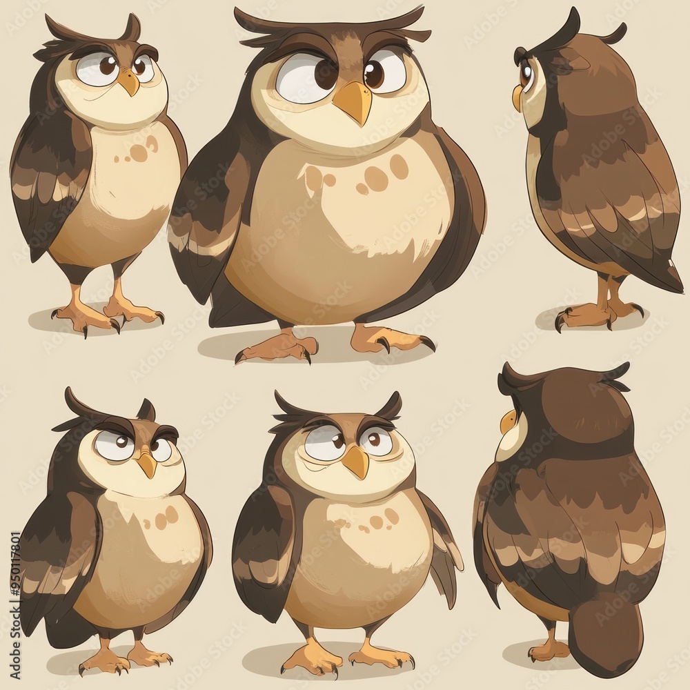 Fototapeta premium A cartoon-style owl character shown from multiple angles.