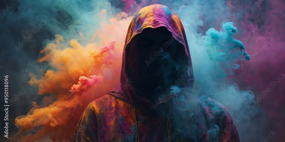 Obraz premium Mysterious figure surrounded by colorful smoke during a ritual.