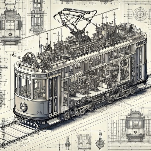 99 Blueprint Tram A technical drawing of a tram showing its inte