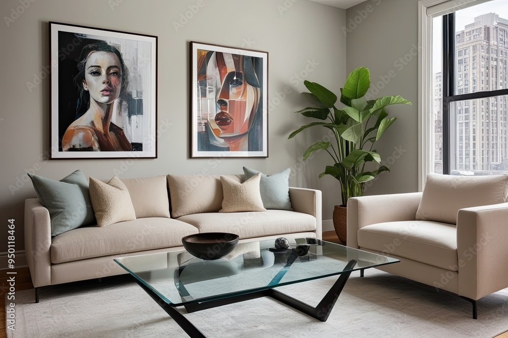 Fototapeta premium Elegant Modern Glass Coffee Table in Urban Living Space with Soft Beige Sofa and Contemporary Portraits