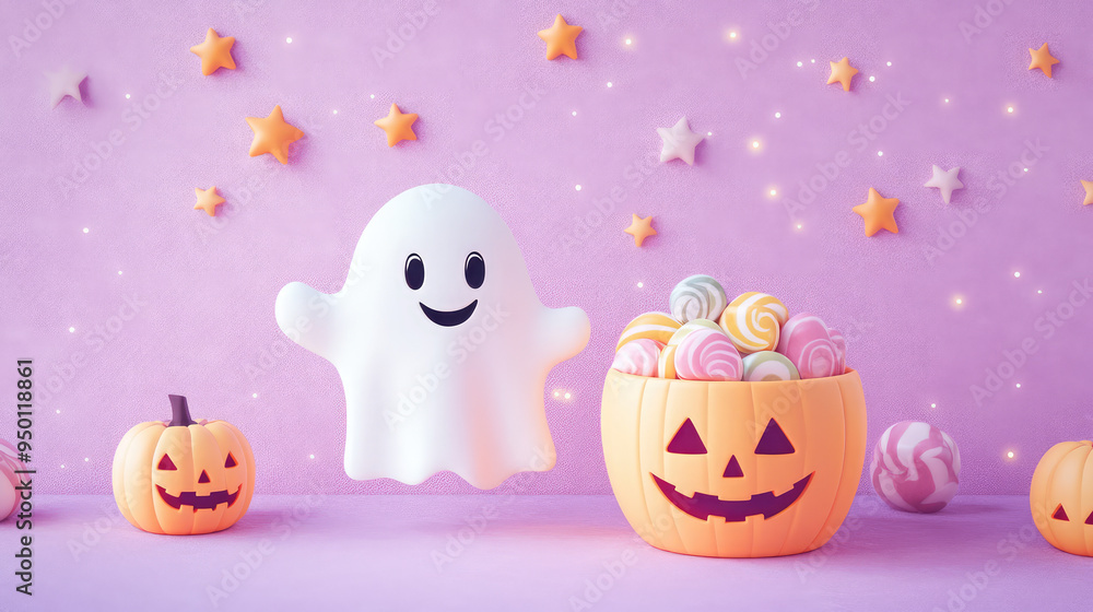 Adorable pastel Halloween card with a friendly ghost and candy bucket, surrounded by stars, on a soft pastel lavender backdrop. Adorable pastel Halloween card with a friendly ghost and candy bucket, surrounded by stars, on a soft pastel lavender backdrop.