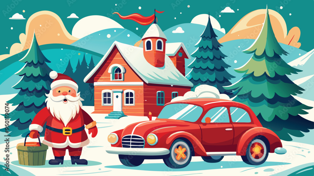 Fototapeta premium Vintage Christmas and New Year. Winter nature with house, Christmas tree in cozy home and red retro car for greeting card, Vector illustration of Santa Claus, cover or poster