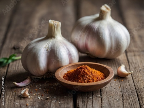 Fresh garlic and spices on a rustic kitchen table.