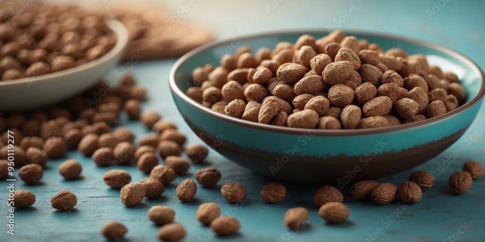Turquoise background with a bowl of brown pet food. Turquoise background with a bowl of brown pet food.