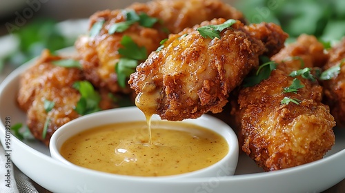 Crispy fried chicken wings served with a tangy honey mustard sauce, mouthwatering and golden. photo