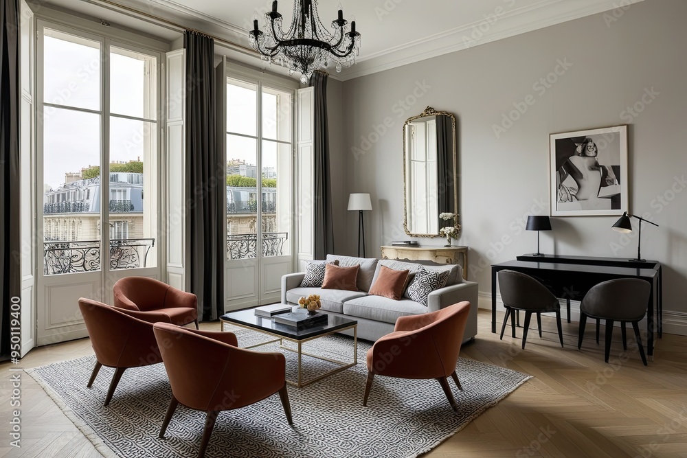 Fototapeta premium Elegant Parisian Studio with Minimalist Lounge Charm and Stylish Decor