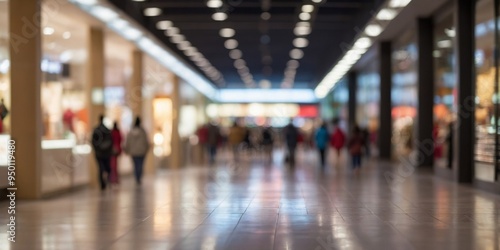 A blurred view of a shopping mall corridor with illuminated storefronts.