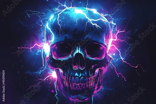 Electric Storm Skull - Glowing Vector Graphic Mobile Wallpaper with Lightning Bolts in Blue and Purple Tones on Dark Background