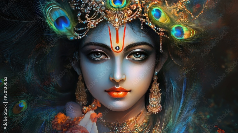 A stunning digital painting of Lord Krishna adorned with a peacock feather crown, symbolizing divine grace A stunning digital painting of Lord Krishna adorned with a peacock feather crown, symbolizing divine grace
