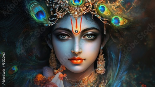 A stunning digital painting of Lord Krishna adorned with a peacock feather crown, symbolizing divine grace photo