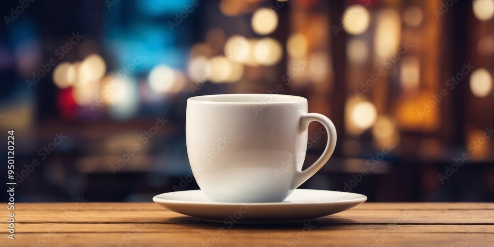 White Coffee Cup on Wooden Table with Theater Background. White Coffee Cup on Wooden Table with Theater Background.
