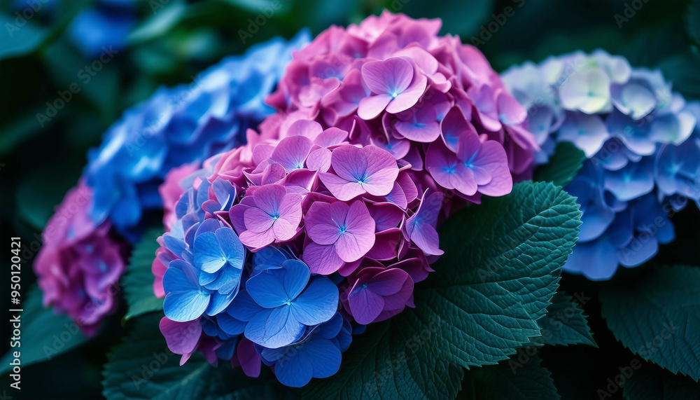 A close-up shot of moody hydrangea flowers in various shades of pink and blue. The leaves are dark A close-up shot of moody hydrangea flowers in various shades of pink and blue. The leaves are dark