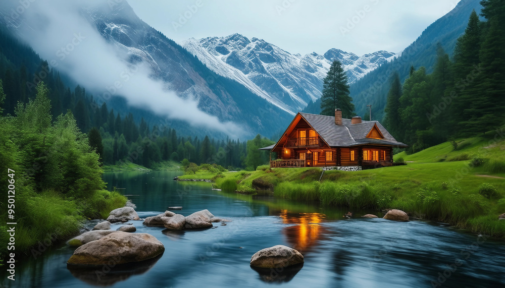 Fototapeta premium A peaceful riverside scene featuring a cozy wooden cabin nestled in a lush, green valley