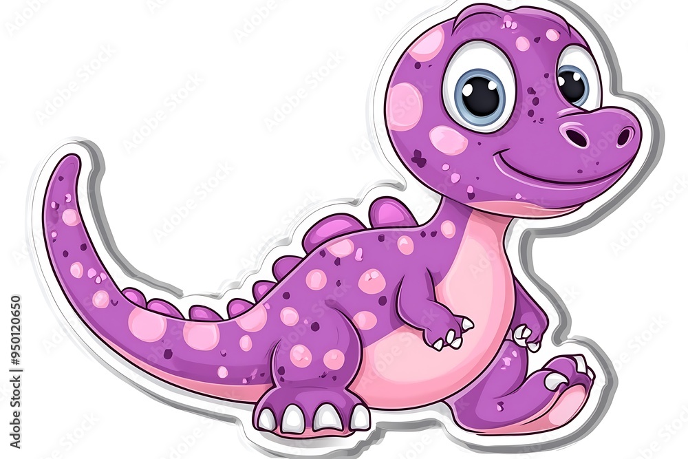 Adorable Cartoon Dinosaur Sticker with Purple Polka Dots on White Background Adorable Cartoon Dinosaur Sticker with Purple Polka Dots on White Background