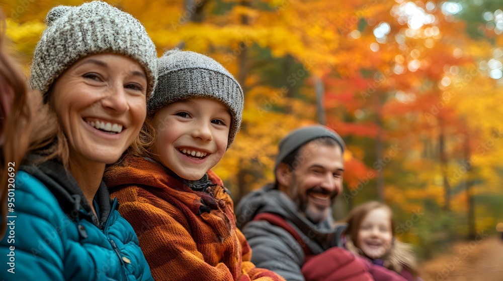 A family of four is smiling and posing for a picture in the fall A family of four is smiling and posing for a picture in the fall