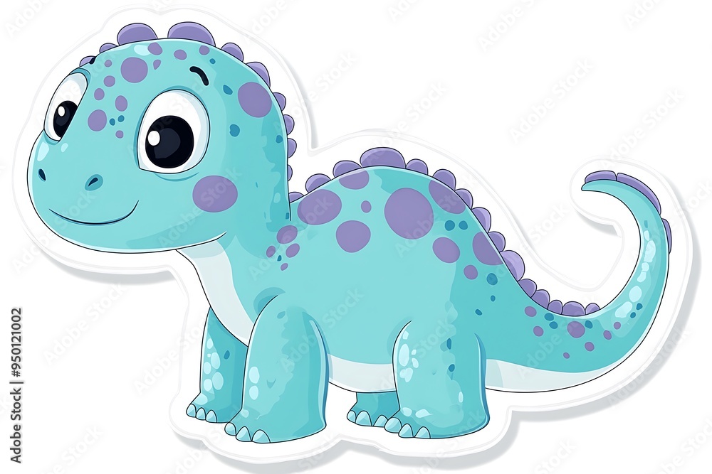 Adorable Cartoon Dinosaur Sticker in Turquoise and Purple Colors on White Background Adorable Cartoon Dinosaur Sticker in Turquoise and Purple Colors on White Background