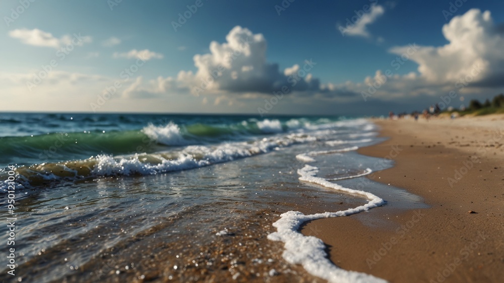 A beach with a wave approaching the shore and a blue sky adorned with white clouds. A beach with a wave approaching the shore and a blue sky adorned with white clouds.
