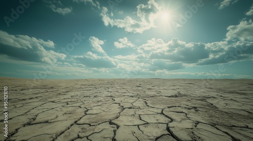 Expansive arid desert with cracked, dry earth stretching to the horizon under a partly cloudy sky.