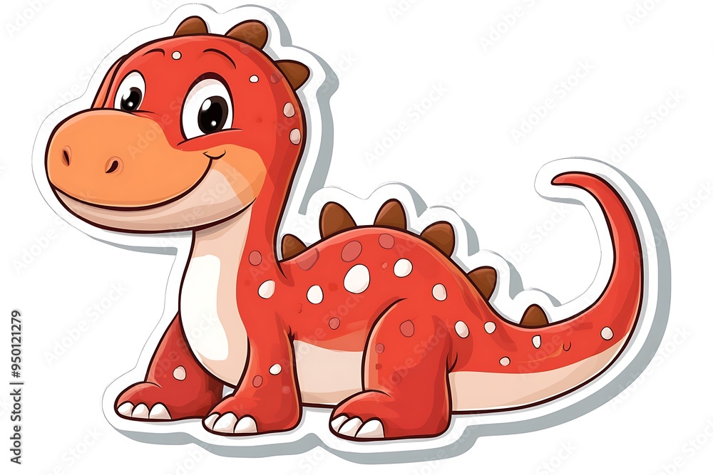 Smiling Red Cartoon Dinosaur Sticker on White Background with Adorable Expression - Cute and Playful Illustration for Kids' Designs Smiling Red Cartoon Dinosaur Sticker on White Background with Adorable Expression - Cute and Playful Illustration for Kids' Designs