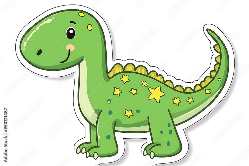 Cheerful Cartoon Dinosaur Sticker in Minimalistic Style on White Background Cheerful Cartoon Dinosaur Sticker in Minimalistic Style on White Background