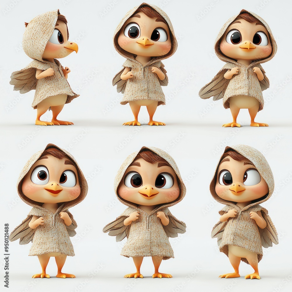 A cute animated bird character wearing a hooded outfit, showcasing various poses and expressions. A cute animated bird character wearing a hooded outfit, showcasing various poses and expressions.