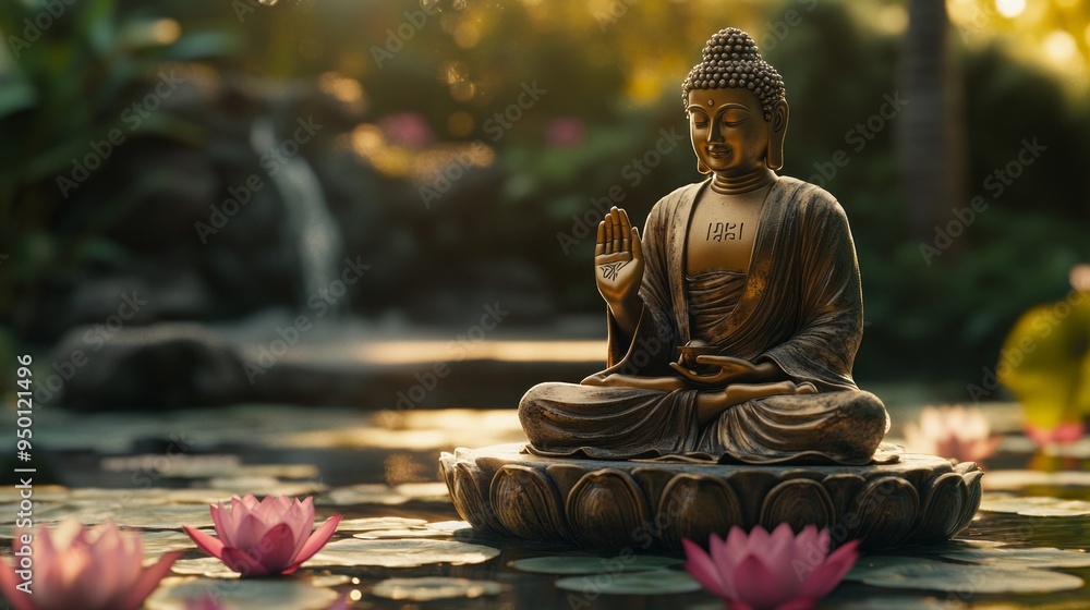 A statue of a Buddha is sitting on a lotus flower in a pond A statue of a Buddha is sitting on a lotus flower in a pond
