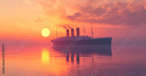 A vintage ocean liner sails across the ocean at sunset.