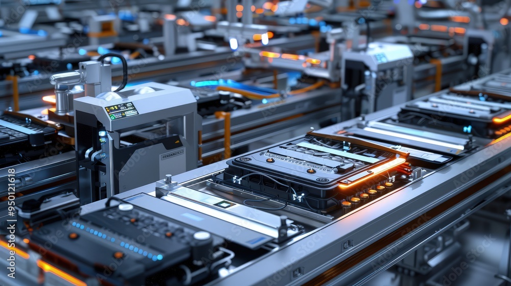 A futuristic assembly line for electric vehicle batteries, showing a seamless integration of cyber-physical systems, with data streaming in real-time to monitor each step. A futuristic assembly line for electric vehicle batteries, showing a seamless integration of cyber-physical systems, with data streaming in real-time to monitor each step.