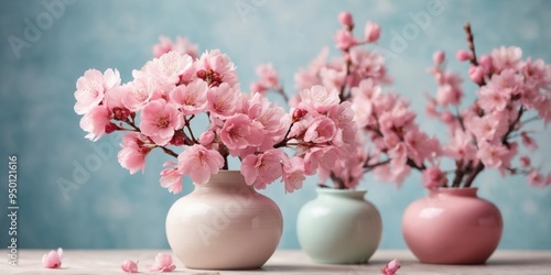 Delicate Pink Cherry Blossoms in Stylish Vases over Pastel Background.