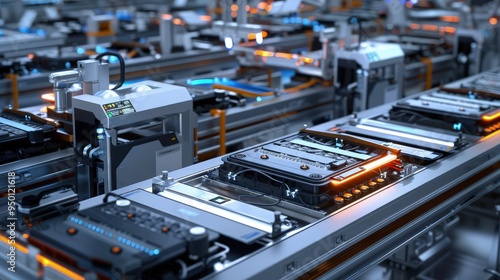 A futuristic assembly line for electric vehicle batteries, showing a seamless integration of cyber-physical systems, with data streaming in real-time to monitor each step.