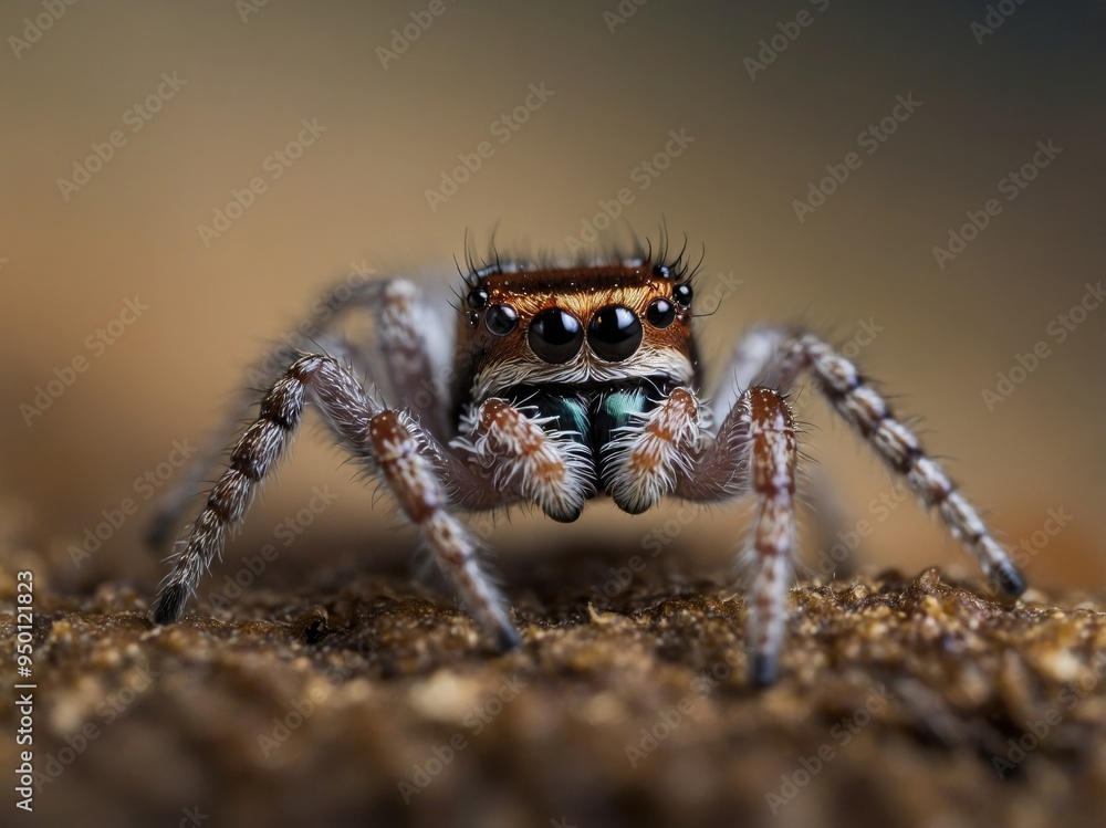 Close-up view of a tiny jumping spider in natural light. Close-up view of a tiny jumping spider in natural light.