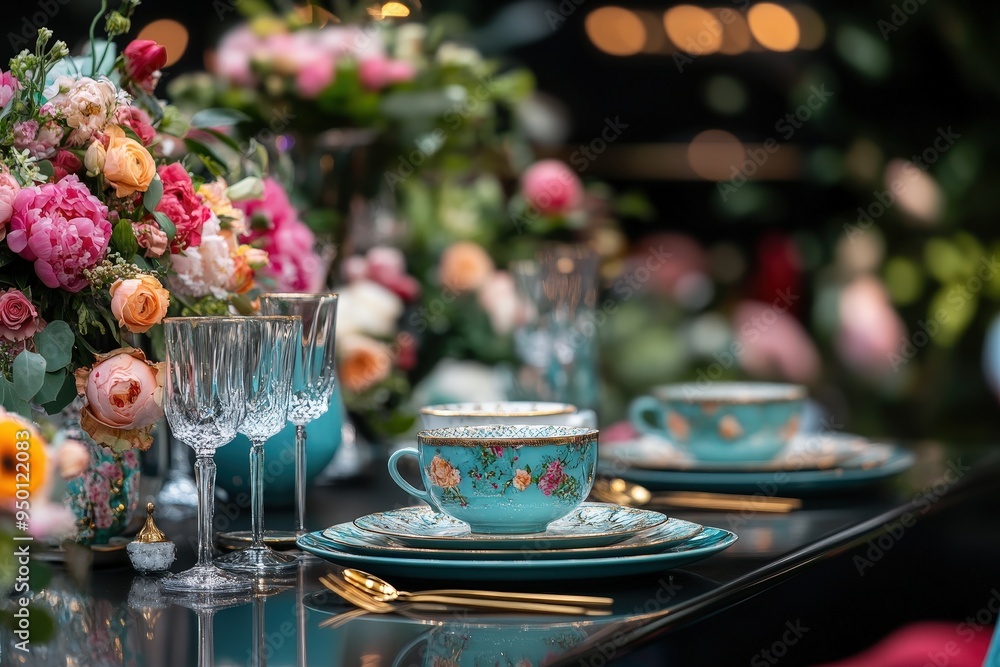 An elegant tea set with turquoise cups and a floral arrangement on a table, displaying a luxurious setting for tea time in a sophisticated environment. An elegant tea set with turquoise cups and a floral arrangement on a table, displaying a luxurious setting for tea time in a sophisticated environment.