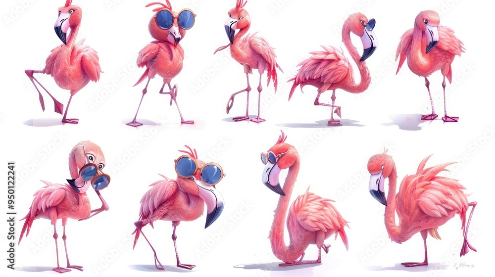 Obraz premium A playful illustration of pink flamingos in various poses and styles.