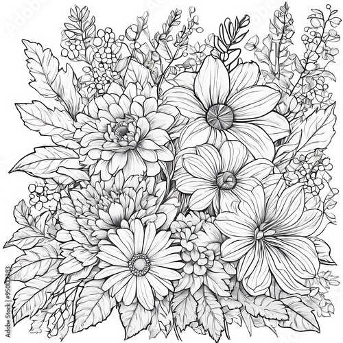 Fall flowers bouquet, retro style illustration, black and white