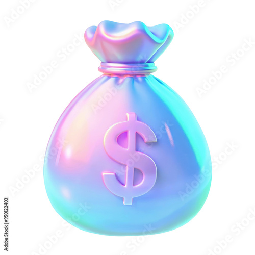 Holographic 3D money bag icon design featuring iridescent colors and a modern, shiny appearance. Isolated on transparent background, png.