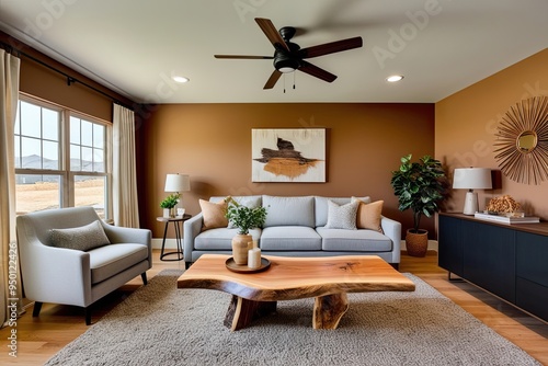Modern Family Room Design Featuring Handmade Live Edge Coffee Table and Light Grey Sofa on Caramel Accent Wall