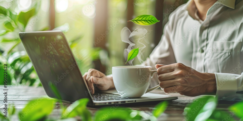 A businessman sips tea and works on a laptop in an environmentally friendly office setting A businessman sips tea and works on a laptop in an environmentally friendly office setting