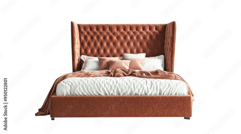 A luxurious brown leather bed with a tall, tufted headboard and crisp white linens exudes an aura of comfort and sophistication. A luxurious brown leather bed with a tall, tufted headboard and crisp white linens exudes an aura of comfort and sophistication.
